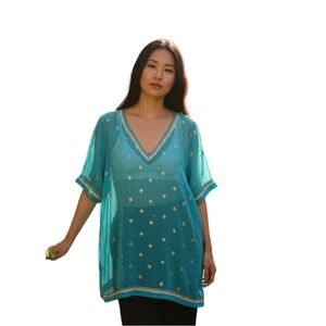 Teal Women’s Blouse with Gold Accents and Trim size M